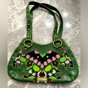 Isabella Fiore Handbag Green Leather Studded Shoulder Bag Purse Pink Fabric